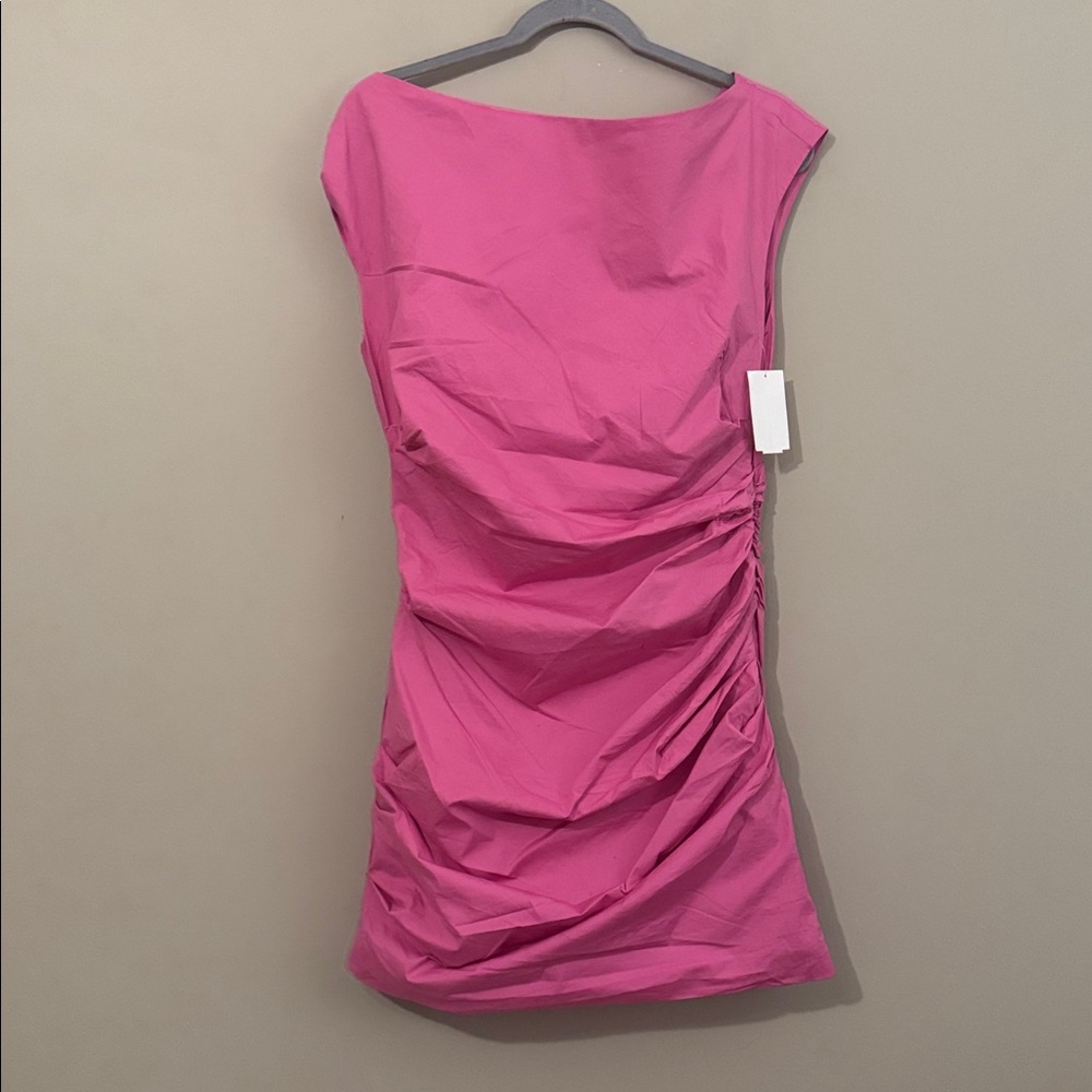 NWOT- Good American Poplin Ruched Off Shoulder Mini Dress, Berry Sorbet, Medium - Picture 5 of 12